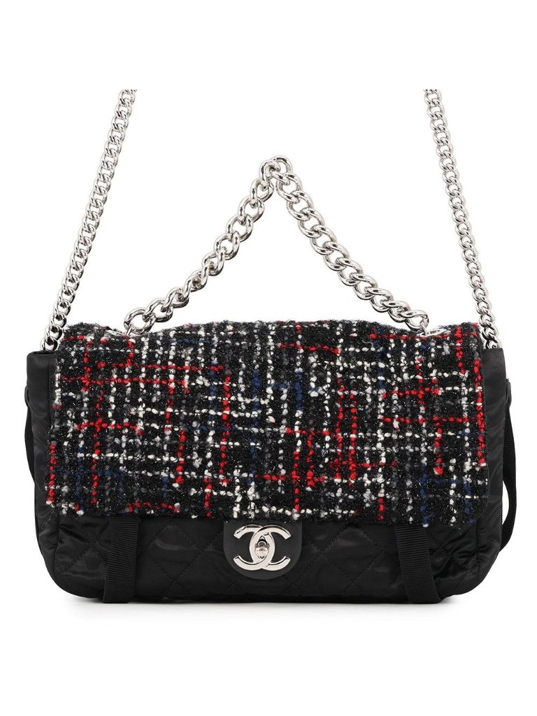 Chanel Chain Shoulder Bag Cc Logo Tweed Nylon Black